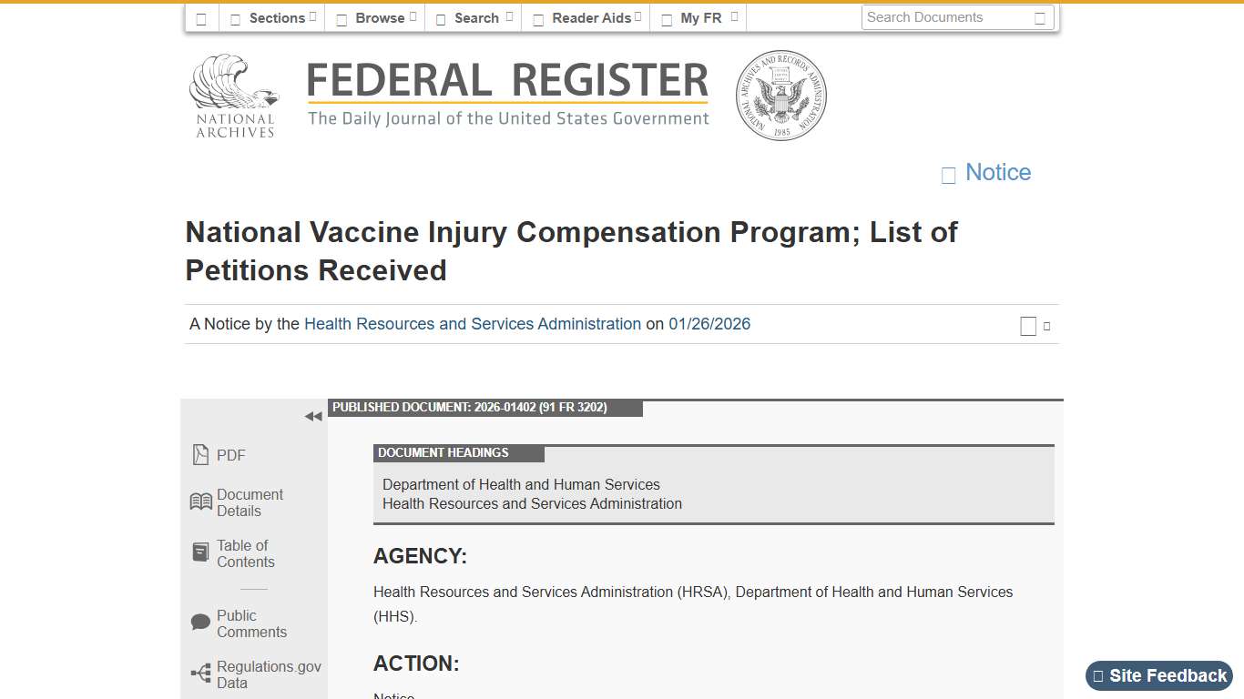Federal Register :: National Vaccine Injury Compensation Program; List of Petitions Received